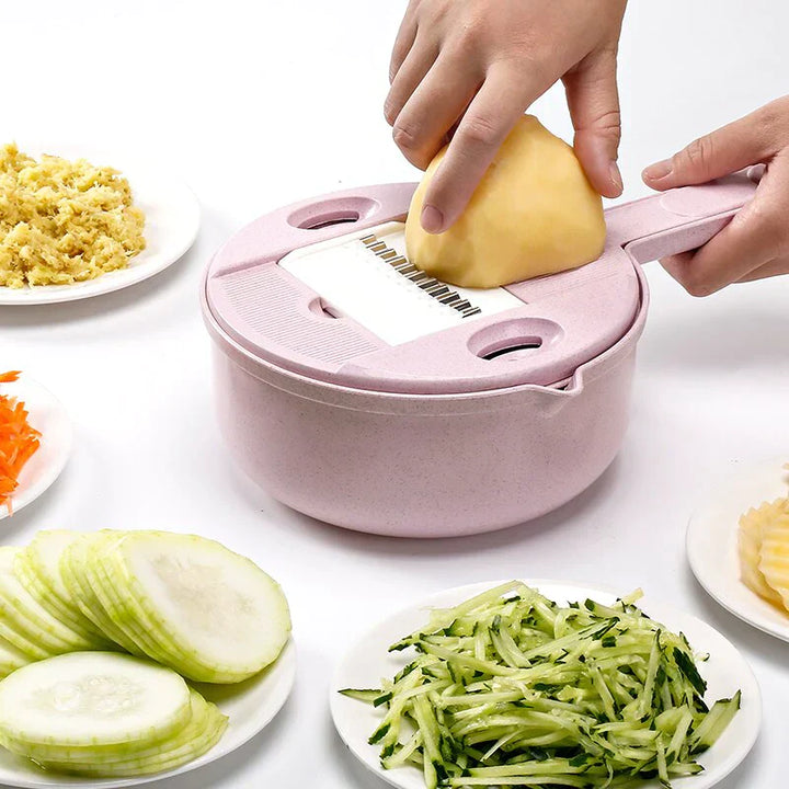 3-in-1 Multifunktionaler Gemüseschneider mit Sieb – Küchenreibe für Obst und Gemüse mit Tropfschale