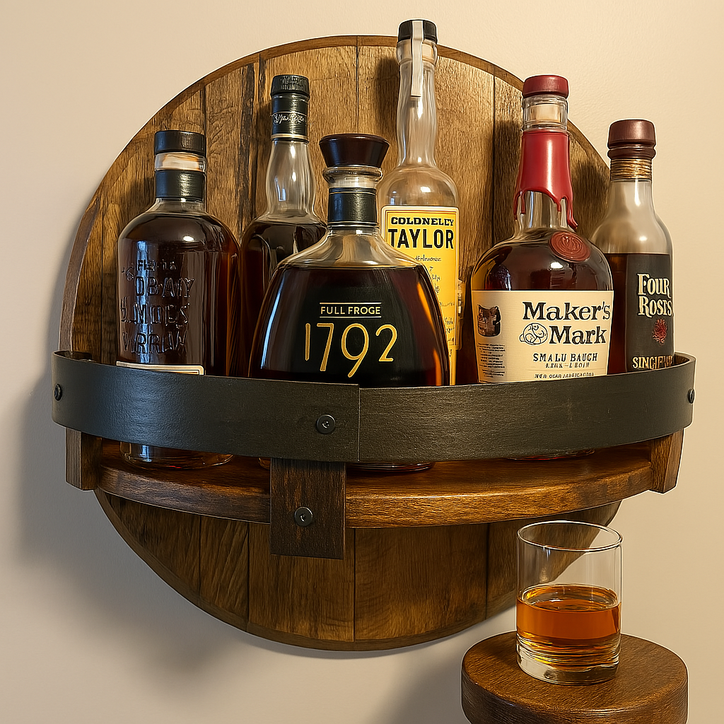 Rustikale Eichenwandregal für Whiskybüchsen