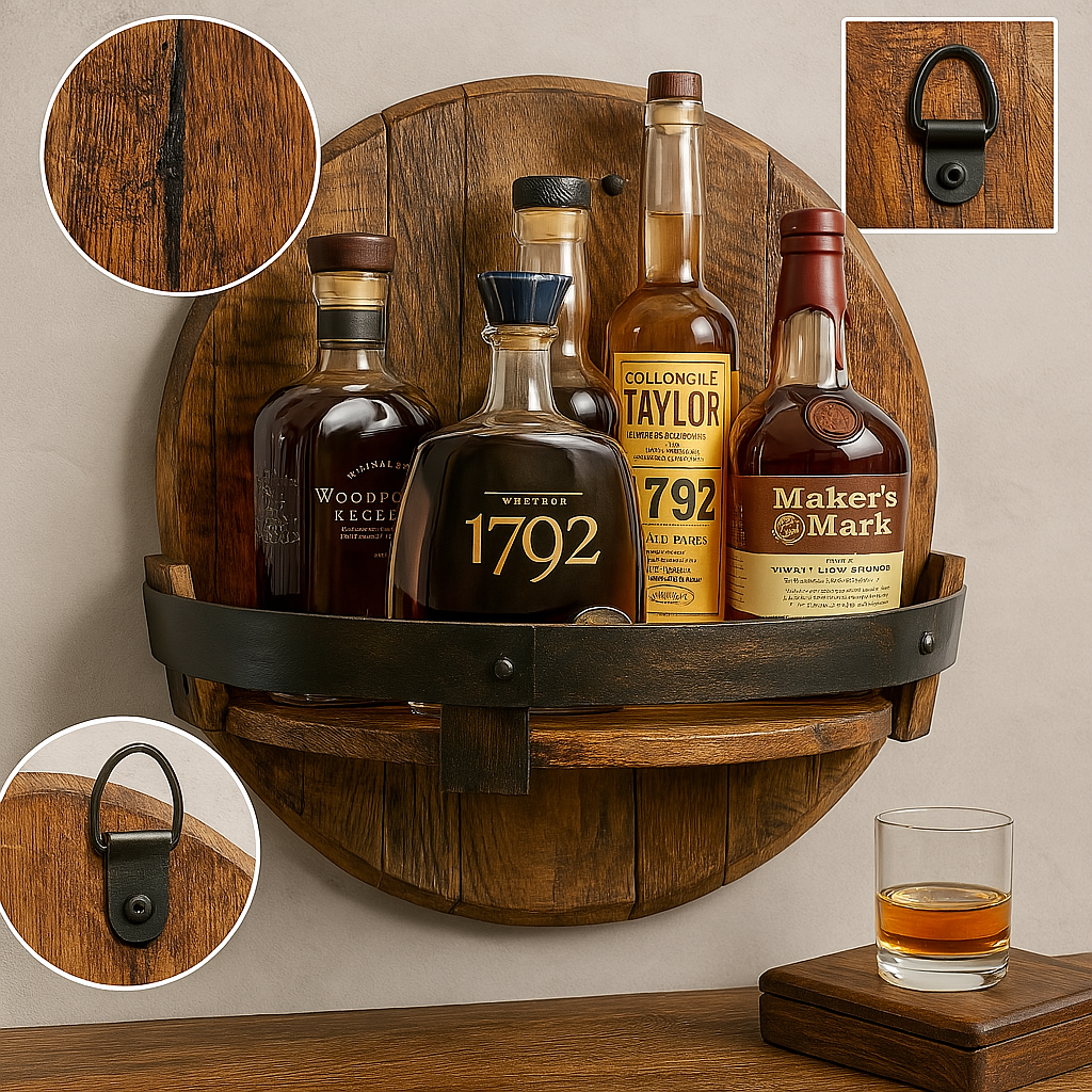 Rustikale Eichenwandregal für Whiskybüchsen