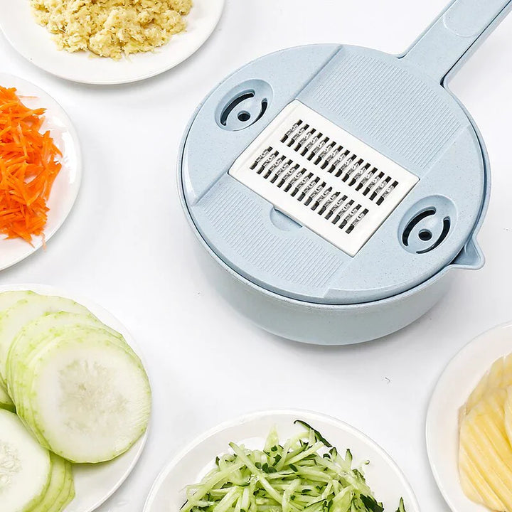 3-in-1 Multifunktionaler Gemüseschneider mit Sieb – Küchenreibe für Obst und Gemüse mit Tropfschale