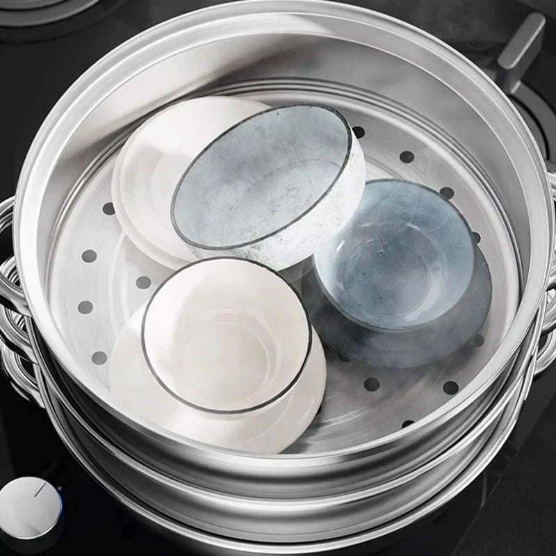 Premium 3-stufiger Edelstahl-Dampfgarer mit Glasdeckel und langlebigen Griffen – Ideal zum Dampfen und Kochen