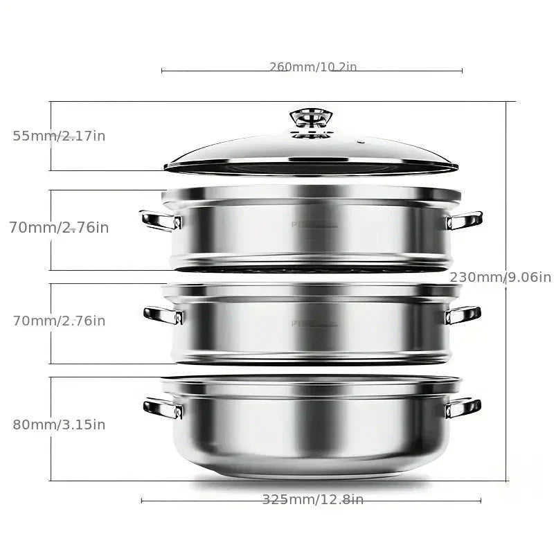Premium 3-stufiger Edelstahl-Dampfgarer mit Glasdeckel und langlebigen Griffen – Ideal zum Dampfen und Kochen