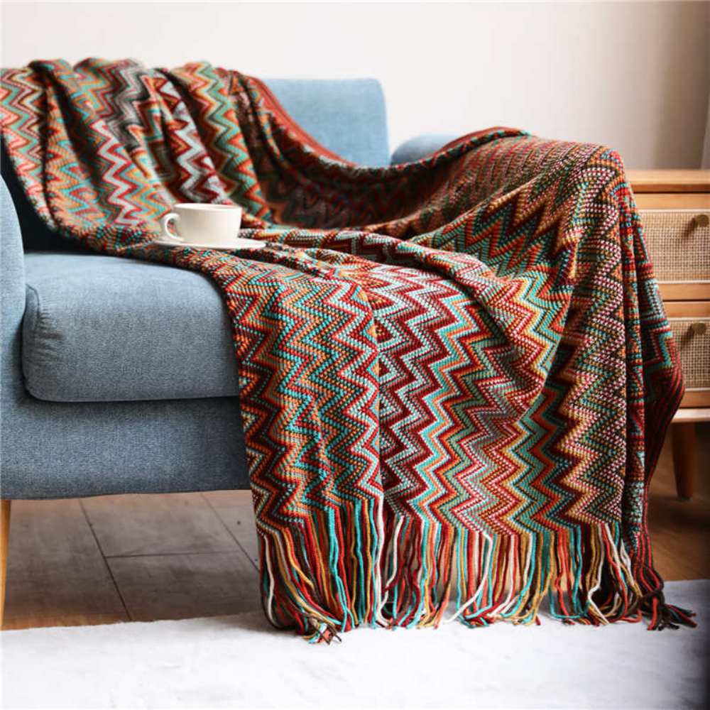 Multicolor Zickzack Quasten Strickdecke