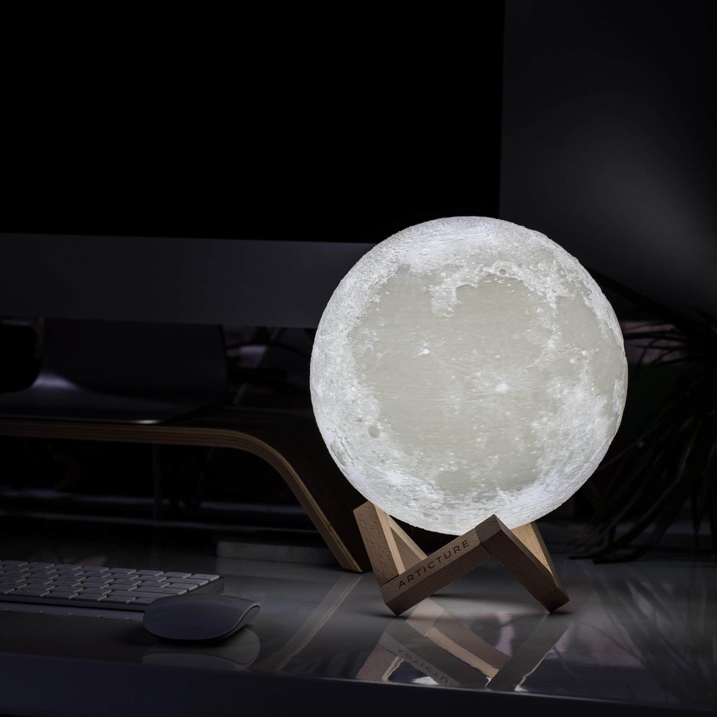 Mondlampe Holzsockel 3D Tischlicht