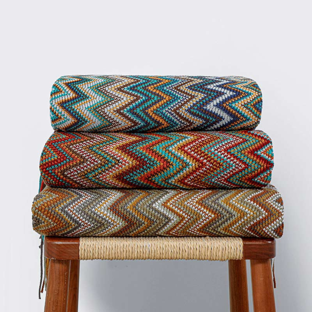 Multicolor Zickzack Quasten Strickdecke