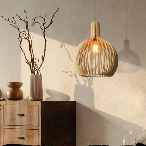 Garduru holz-vogelkäfiglampe, japanische kreative holz-anhänger-leuchte