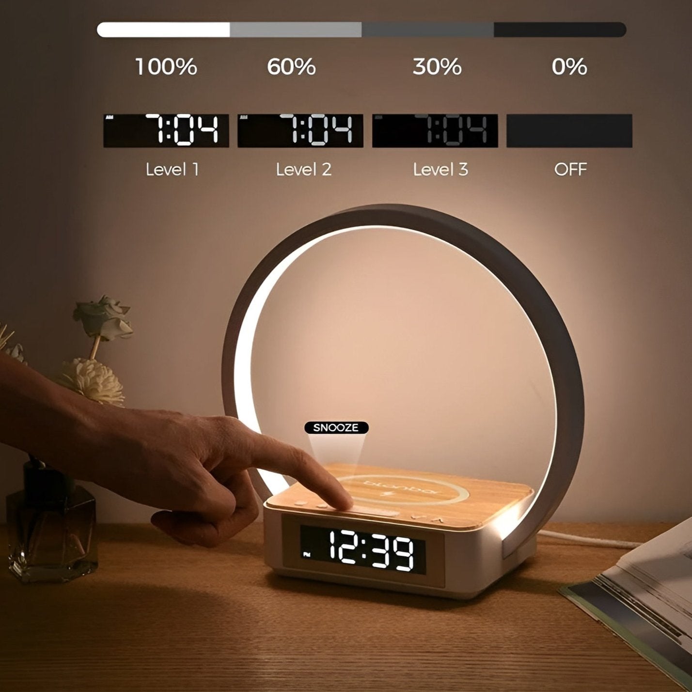 NovaGlow – Stilvolle Tischlampe mit kabelloser Ladestation und Weckerfunktion