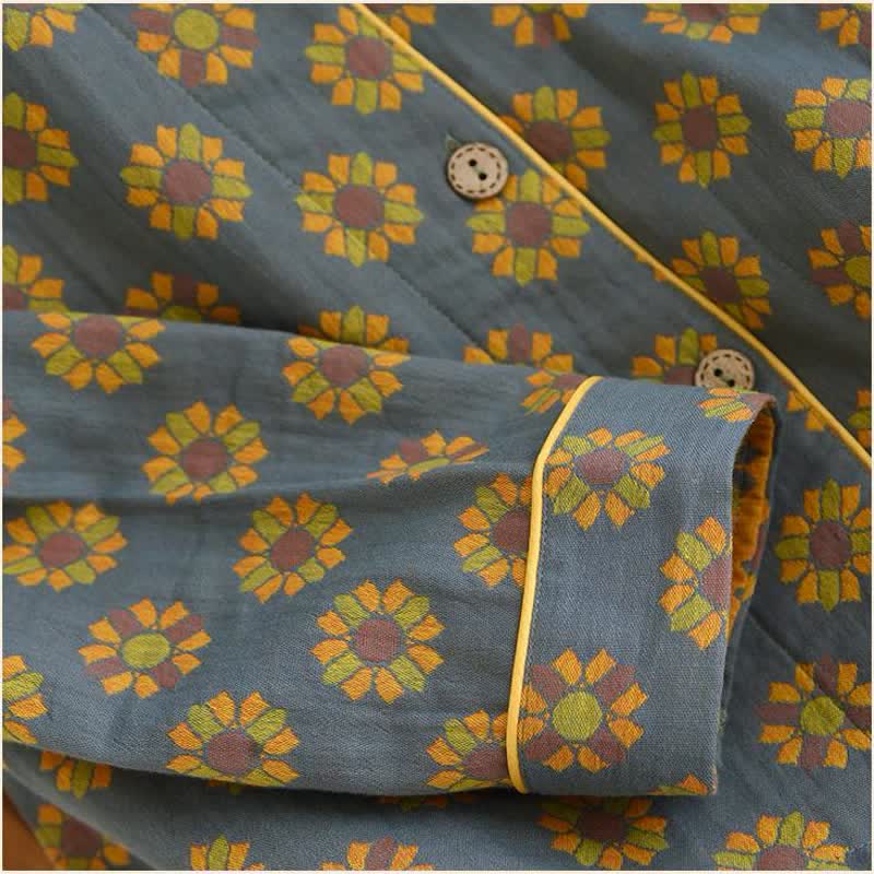 Nachtwäsche-Set aus Baumwolle mit Revers und Sonnenblumenmuster