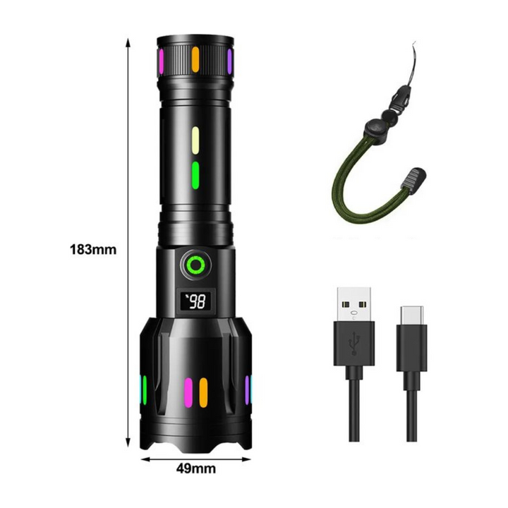 Hochleistungs-LED-Taschenlampe mit Leistungsanzeige – Wiederaufladbare Taschenlampe mit Glasbrecher & USB-C-Ladung