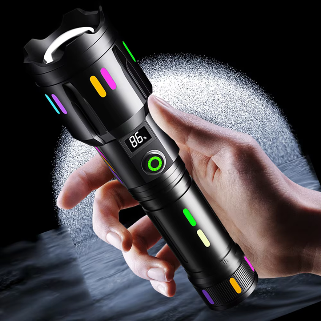 Hochleistungs-LED-Taschenlampe mit Leistungsanzeige – Wiederaufladbare Taschenlampe mit Glasbrecher & USB-C-Ladung