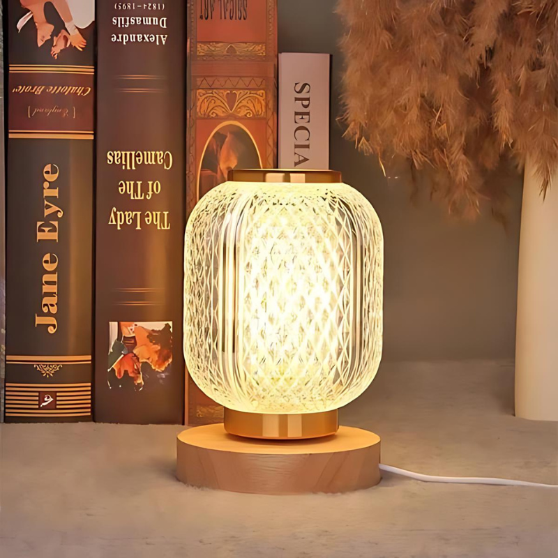Garduru - Stilvolle Tischlampe mit transparentem Glas & Holzfuß