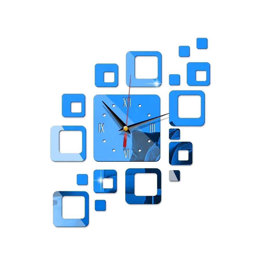 3D Spiegel Wanduhr Blau – Kreatives Design – Acryl & Quadratisch