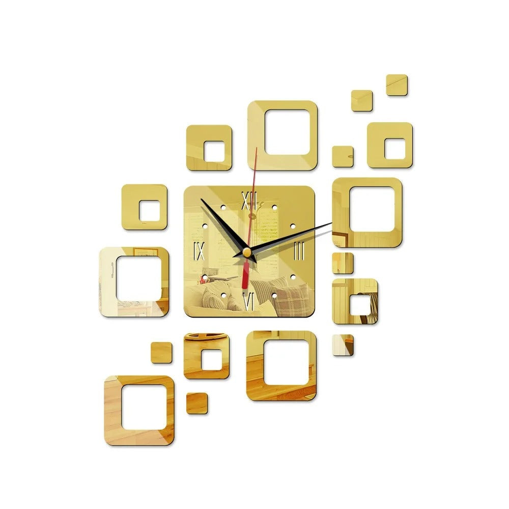 3D Spiegel Wanduhr Gold – Kreatives Design – Acryl & Quadratisch