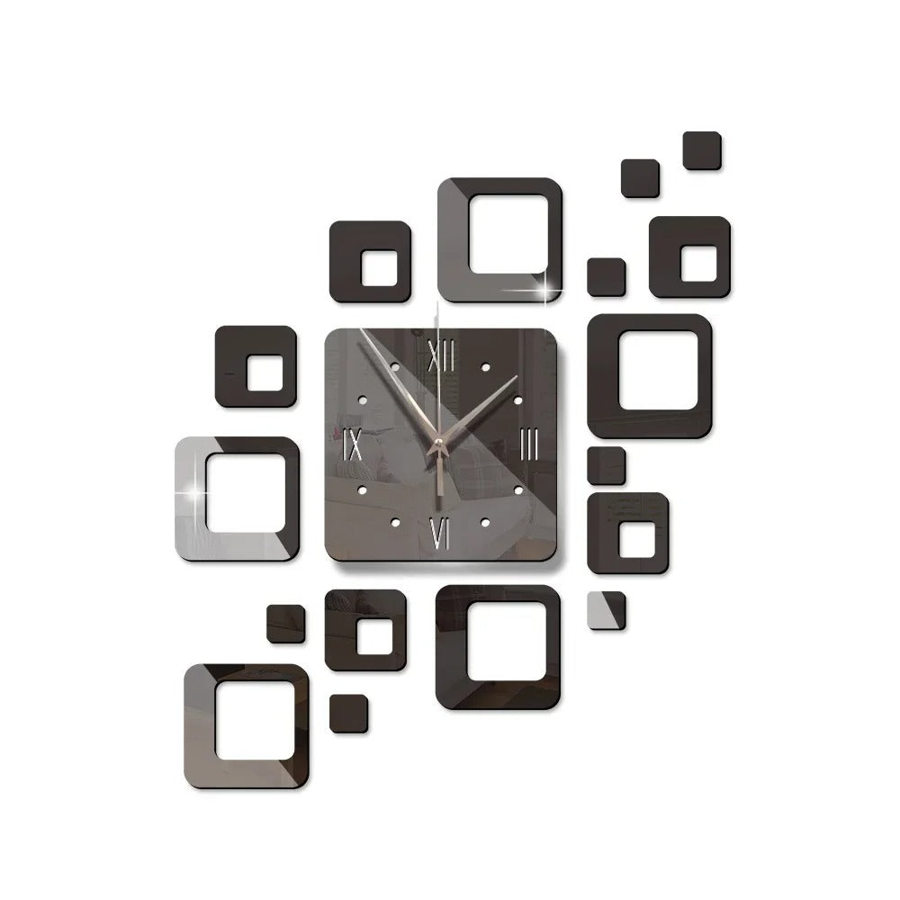 3D Spiegel Wanduhr Schwarz – Kreatives Design – Acryl & Quadratisch