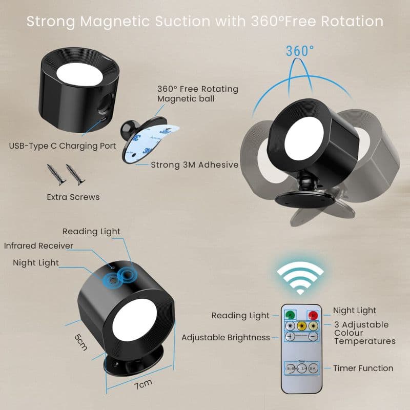 Drahtlose LED-Wandlampe - 360-Grad-Bewegung Lesewandlampe für Schlafzimmer, Wohnzimmer, Studio