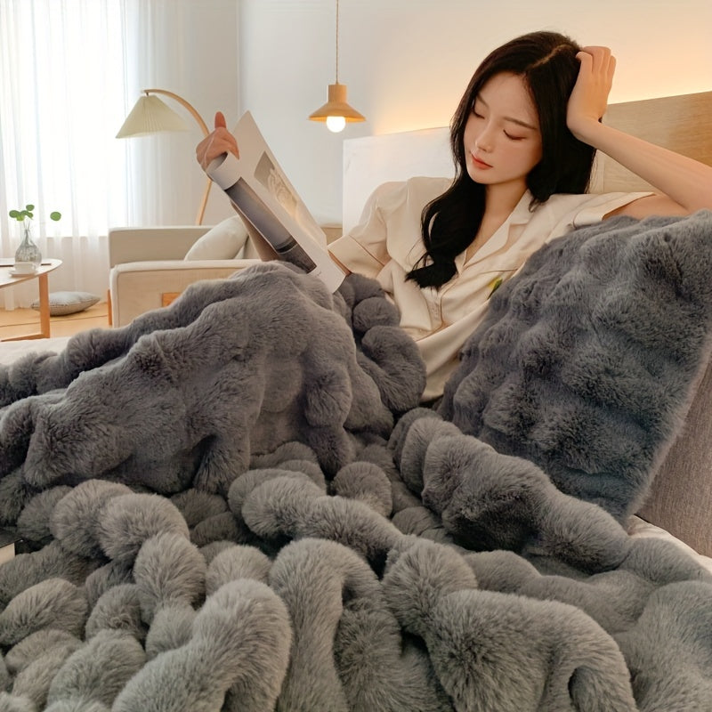 Luxus Bubble Fleece Decke – Imitation Kaninchenfell, Dicke Sofa- und Bürodecke
