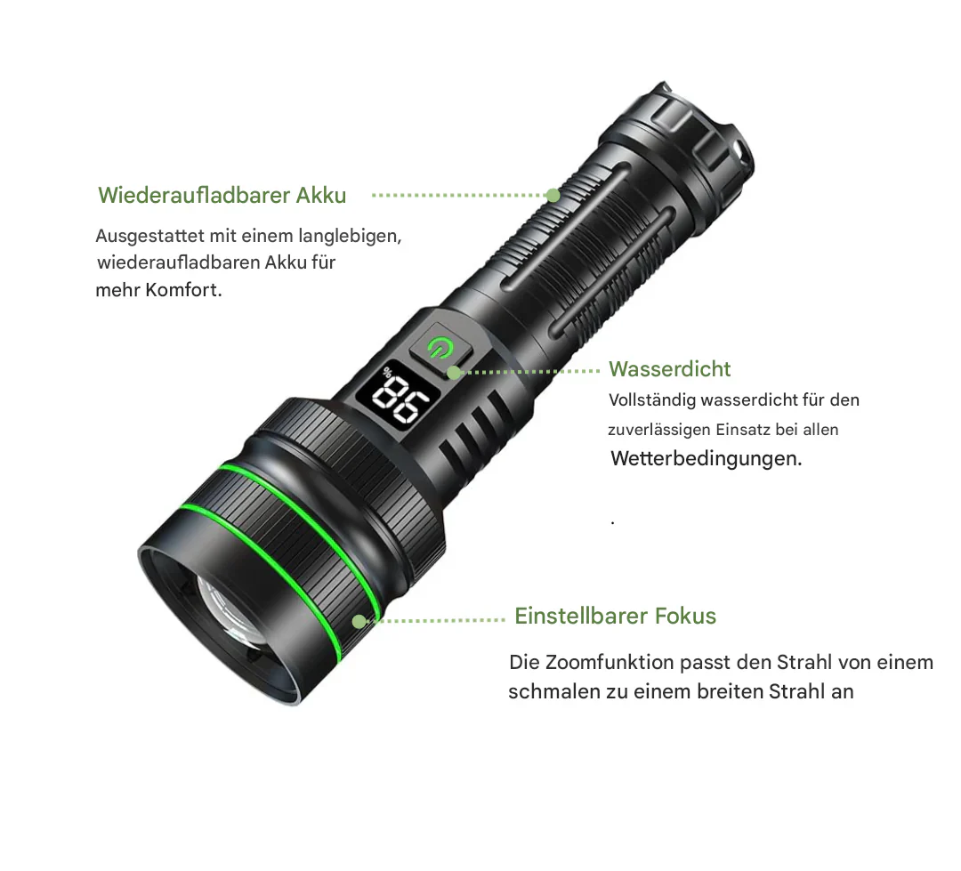 Extrem Helle und Zoombare LED-Taschenlampe mit Powerbank-Funktion für Outdoor-Abenteuer