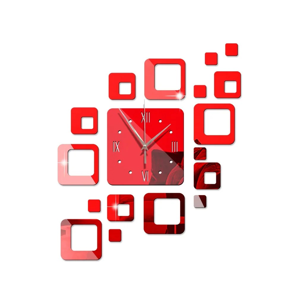 3D Spiegel Wanduhr Rot – Kreatives Design – Acryl & Quadratisch