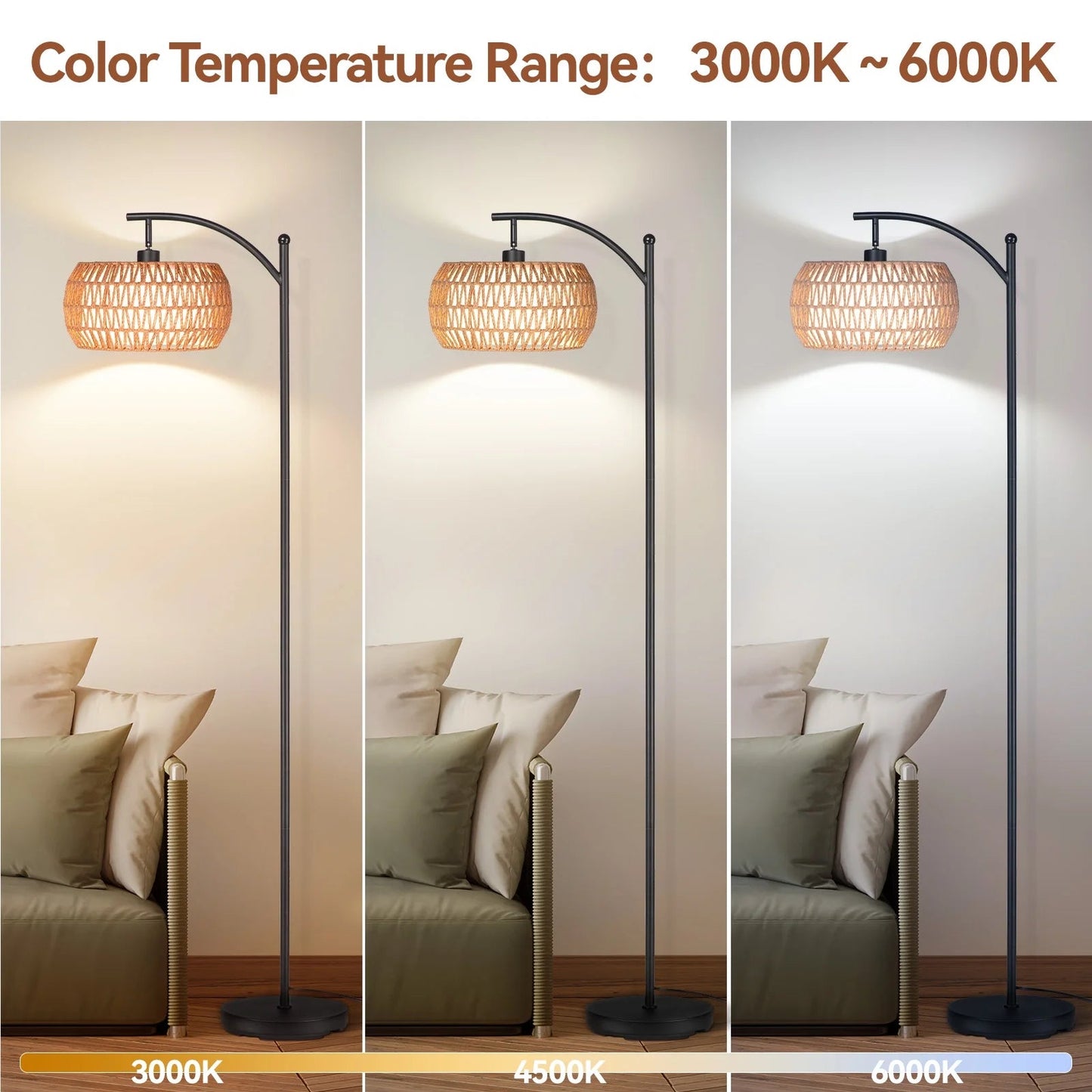Rattan LED Stehlampe – Dimmierbares Stehlicht mit 3 Farbtemperaturen für eine gemütliche Atmosphäre