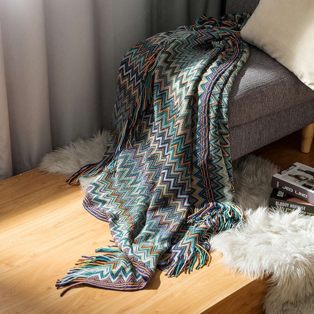 Multicolor Zickzack Quasten Strickdecke