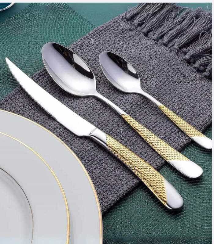 24 Pc Premium Besteckset Edelstahl Spiegelfinish Silber Gold