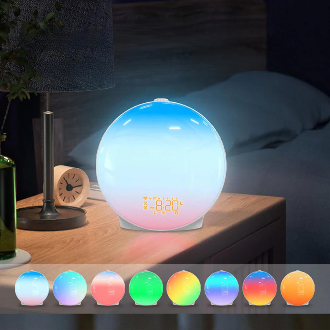 AuroraGlow – Luxus-Weckerlampe mit Sonnenaufgangssimulation und beruhigender Stimmungsbeleuchtung