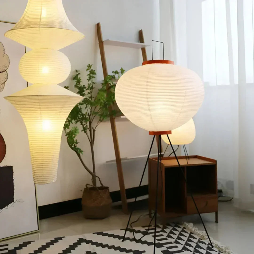 Wabi-Sabi Reispapier Stehlampe mit LED-Licht