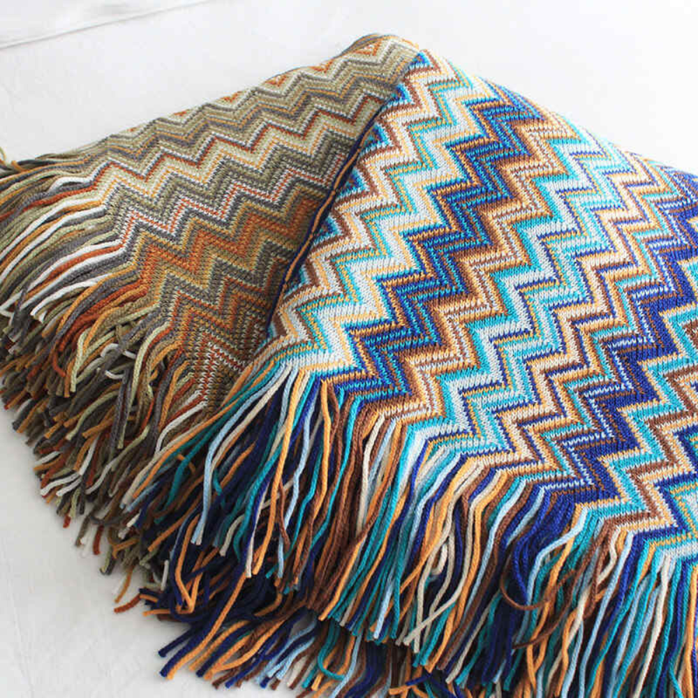 Multicolor Zickzack Quasten Strickdecke
