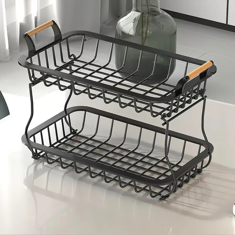 2-stufiger Obstorganisator aus nachhaltigem Metall mit Holzgriffen – modernes minimalistisches Design für die Küchenaufbewahrung