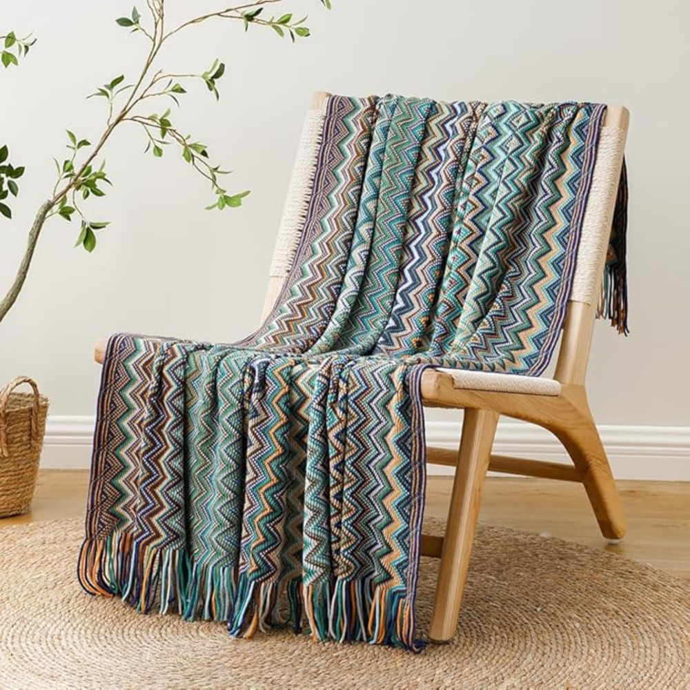 Multicolor Zickzack Quasten Strickdecke