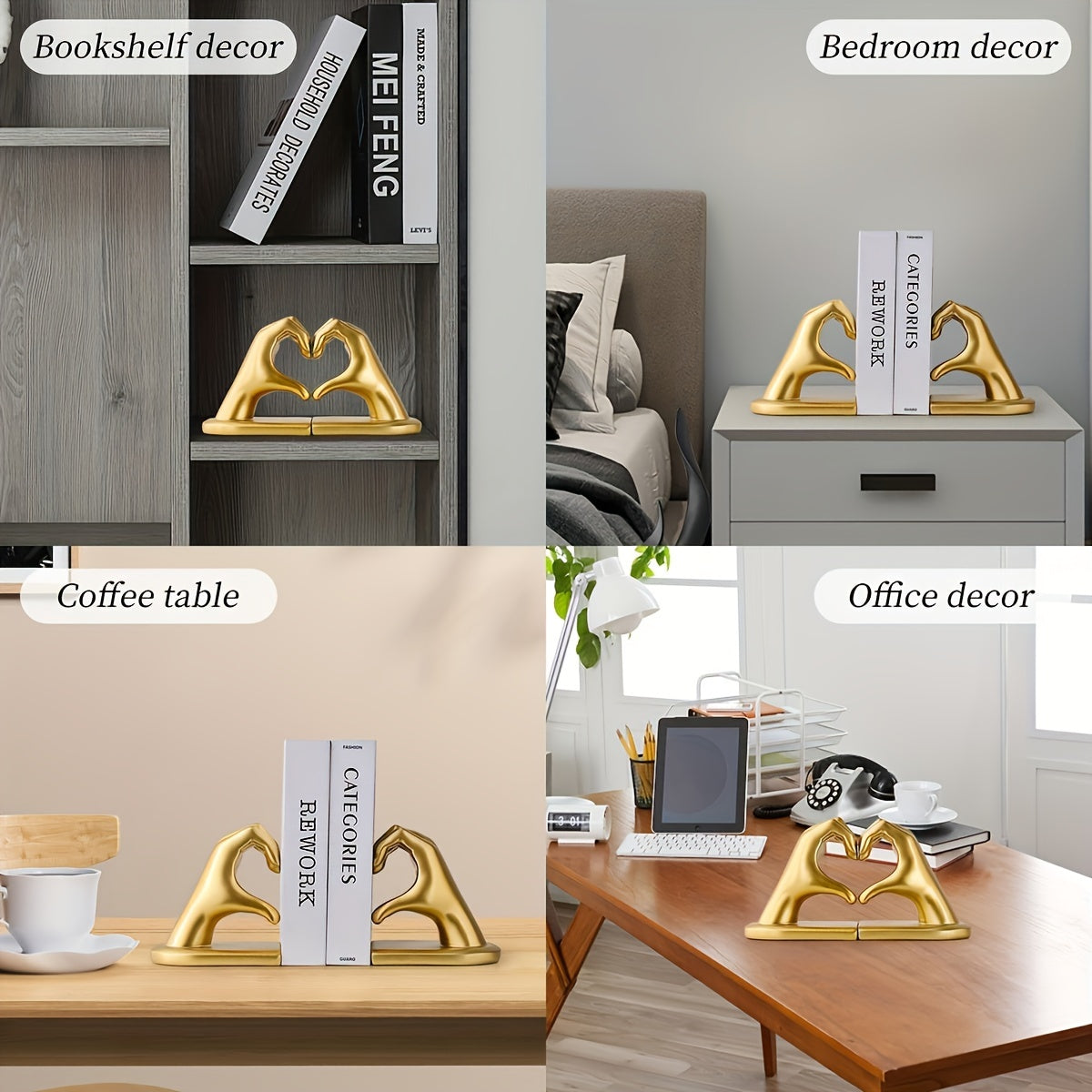 GoldenHeart - Buchstütze Set von 2 - Moderne Kunst Skulptur für Wohnkultur