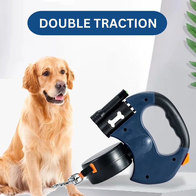 10FT Dual Retractable Hundeleine mit integriertem Taschenlampe & Müllbeutelhalter