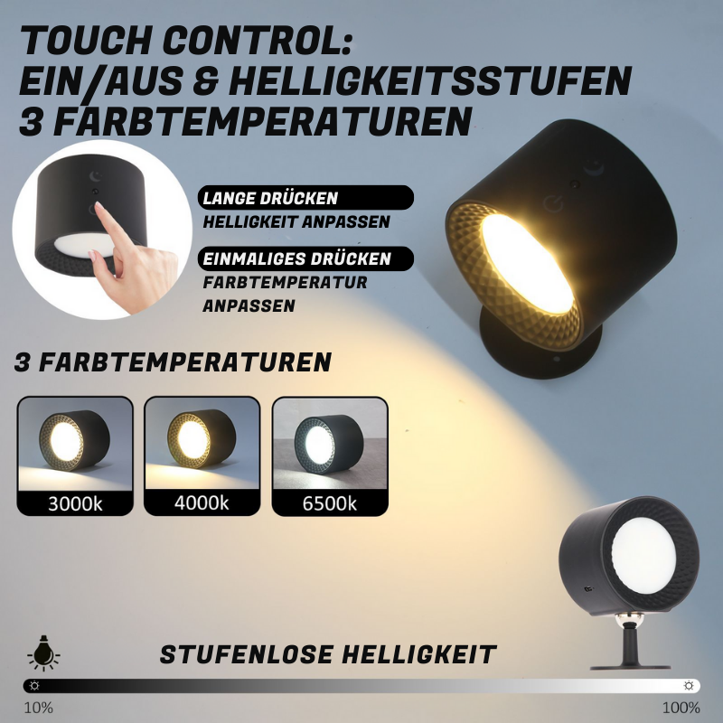 Magnetische 360° LED Wandlampe dimmbar drei Farbtemperaturen Akku