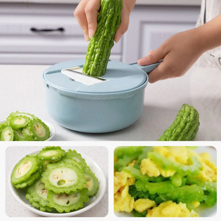 3-in-1 Multifunktionaler Gemüseschneider mit Sieb – Küchenreibe für Obst und Gemüse mit Tropfschale