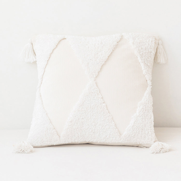 Handgemachter Kissenbezug aus Baumwoll-Cord – Geometrisches Design – Mit Quasten und Reißverschluss