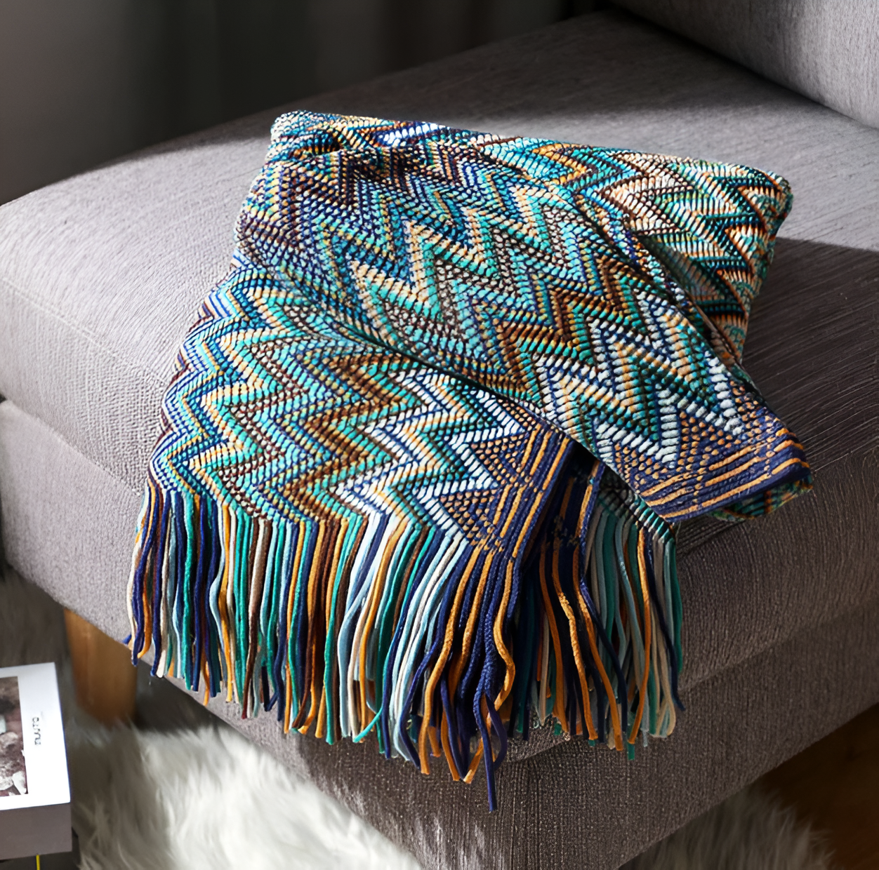AcrylZag Plaid - Leichte handgestrickte Boho-Fleecedecke mit Quastendesign