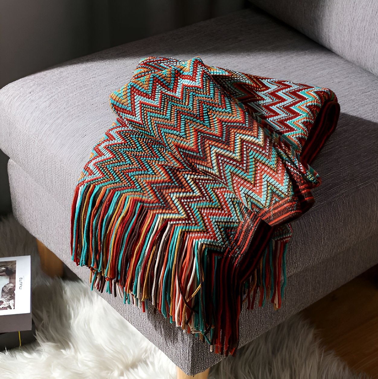 AcrylZag Plaid - Leichte handgestrickte Boho-Fleecedecke mit Quastendesign