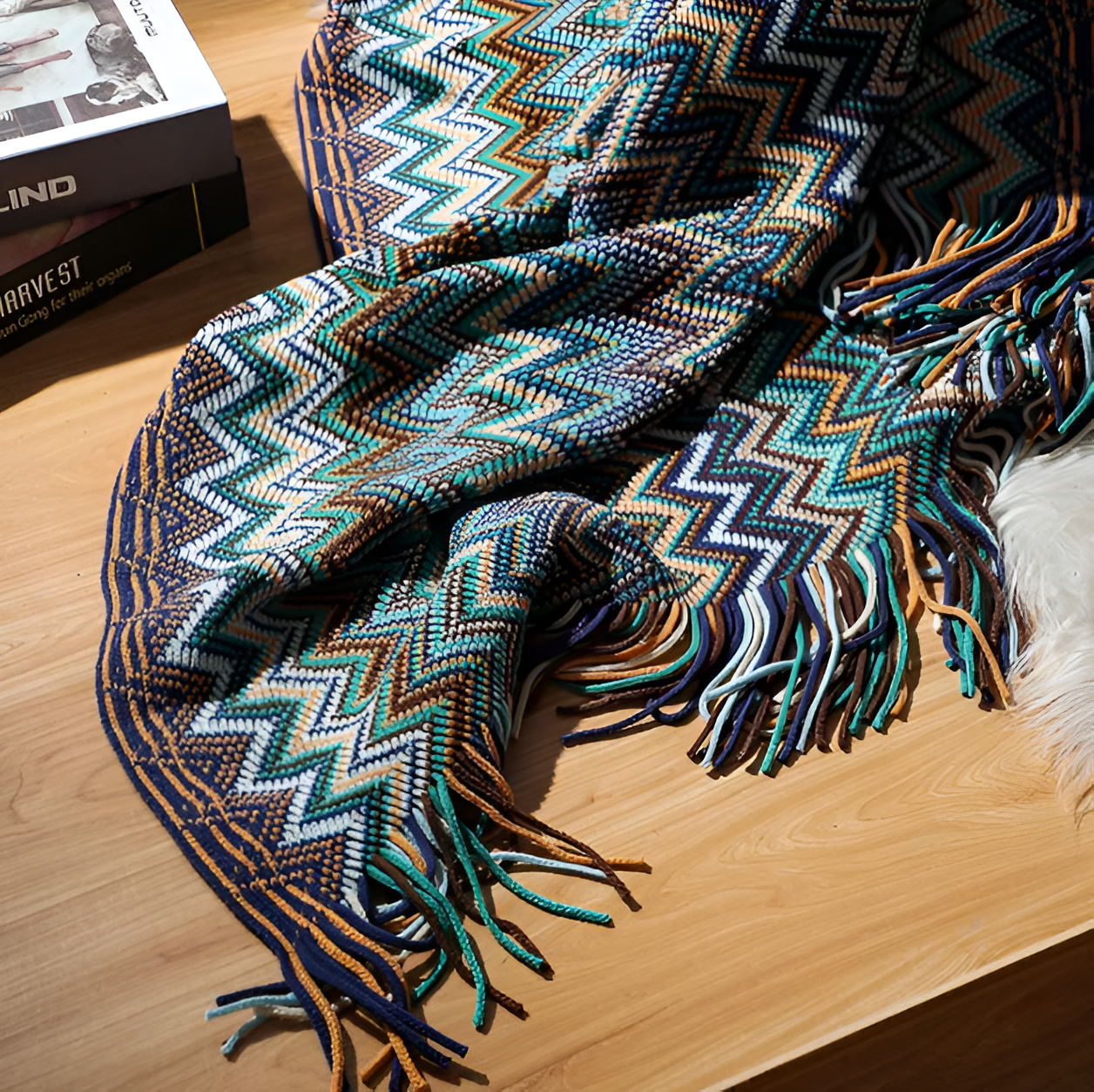 AcrylZag Plaid - Leichte handgestrickte Boho-Fleecedecke mit Quastendesign