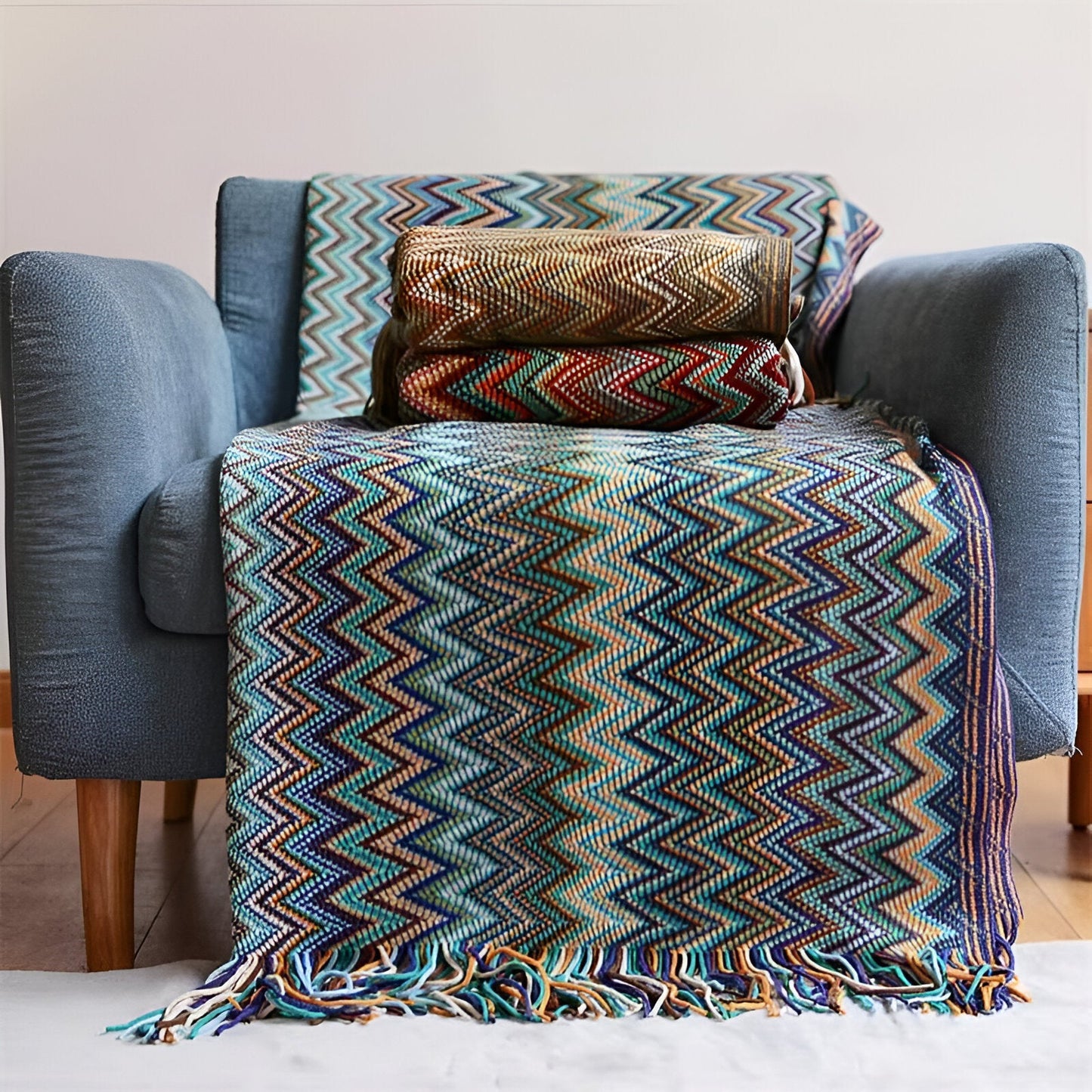 AcrylZag Plaid - Leichte handgestrickte Boho-Fleecedecke mit Quastendesign