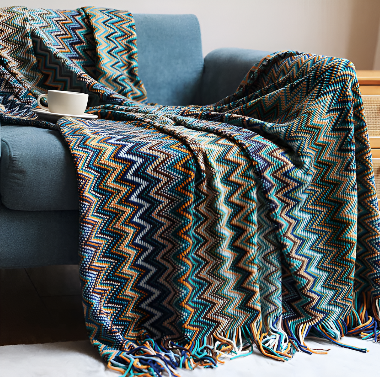 AcrylZag Plaid - Leichte handgestrickte Boho-Fleecedecke mit Quastendesign