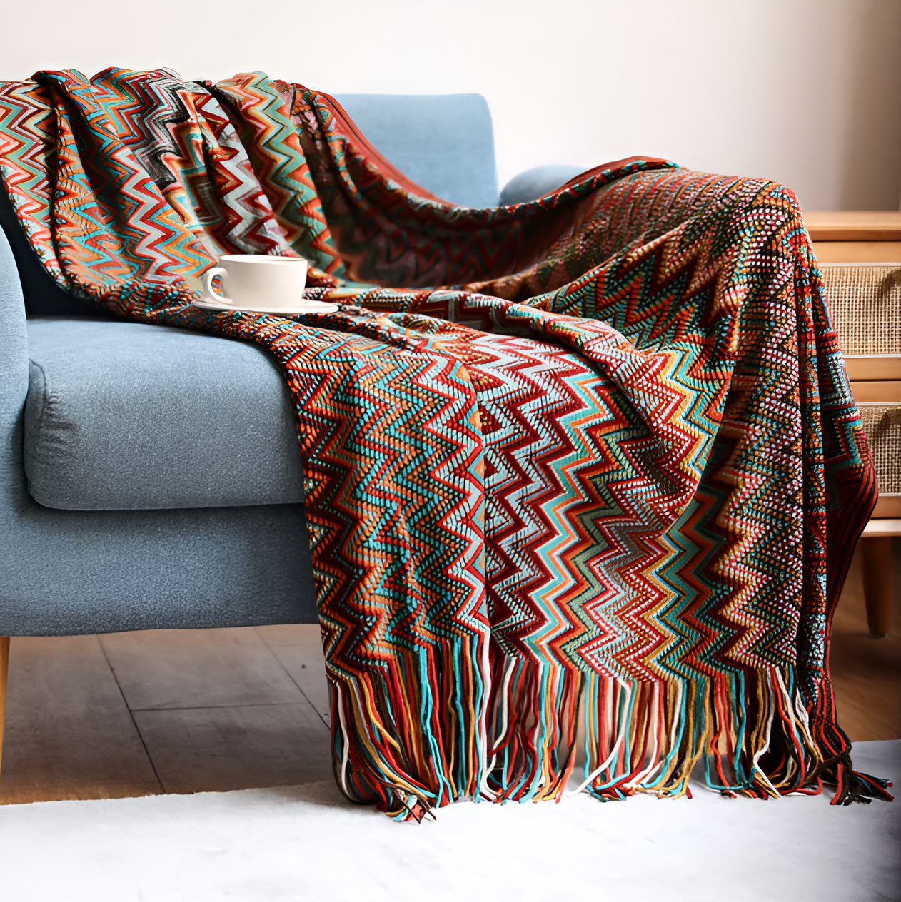 AcrylZag Plaid - Leichte handgestrickte Boho-Fleecedecke mit Quastendesign