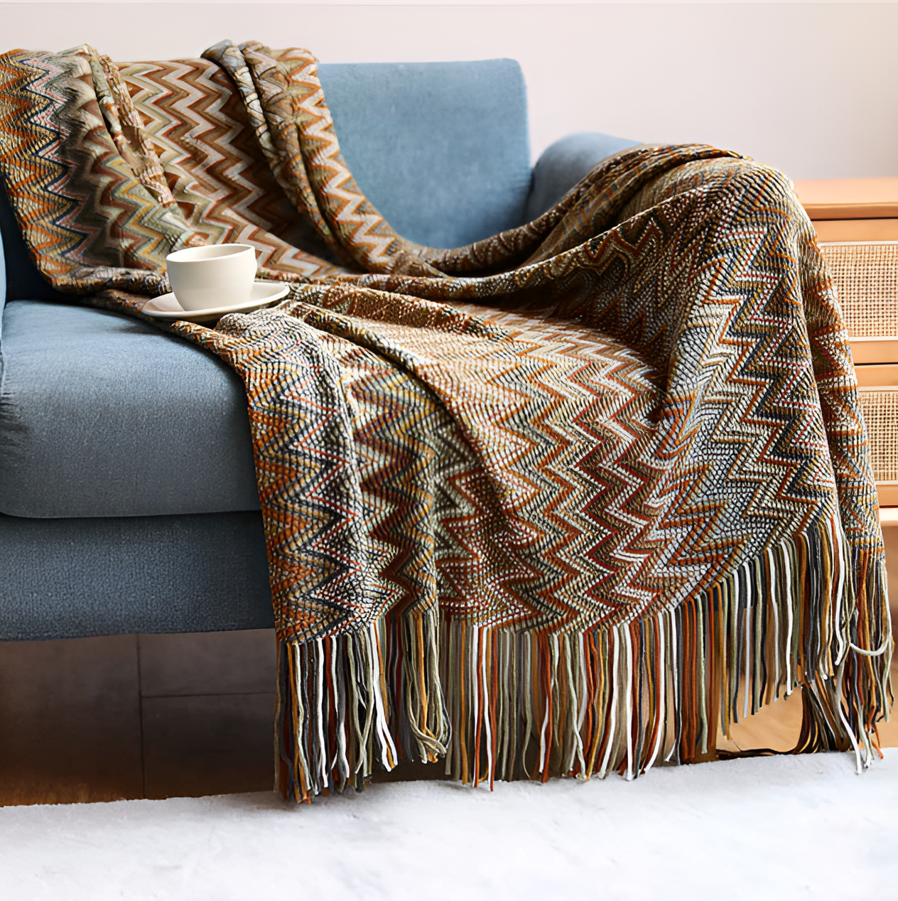 AcrylZag Plaid - Leichte handgestrickte Boho-Fleecedecke mit Quastendesign