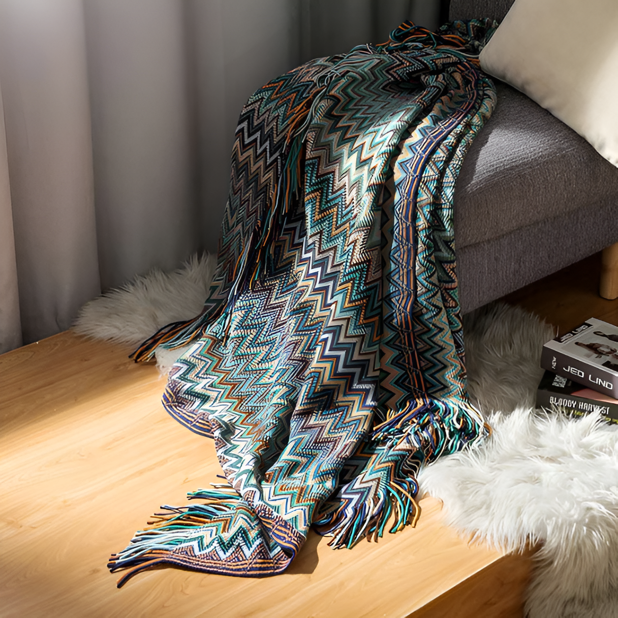 AcrylZag Plaid - Leichte handgestrickte Boho-Fleecedecke mit Quastendesign