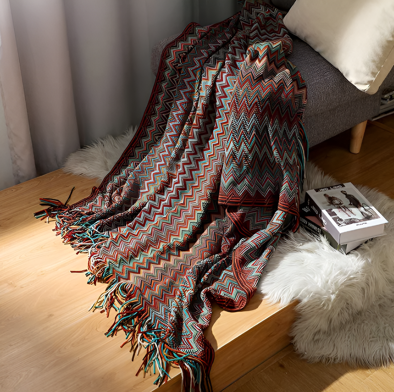 AcrylZag Plaid - Leichte handgestrickte Boho-Fleecedecke mit Quastendesign