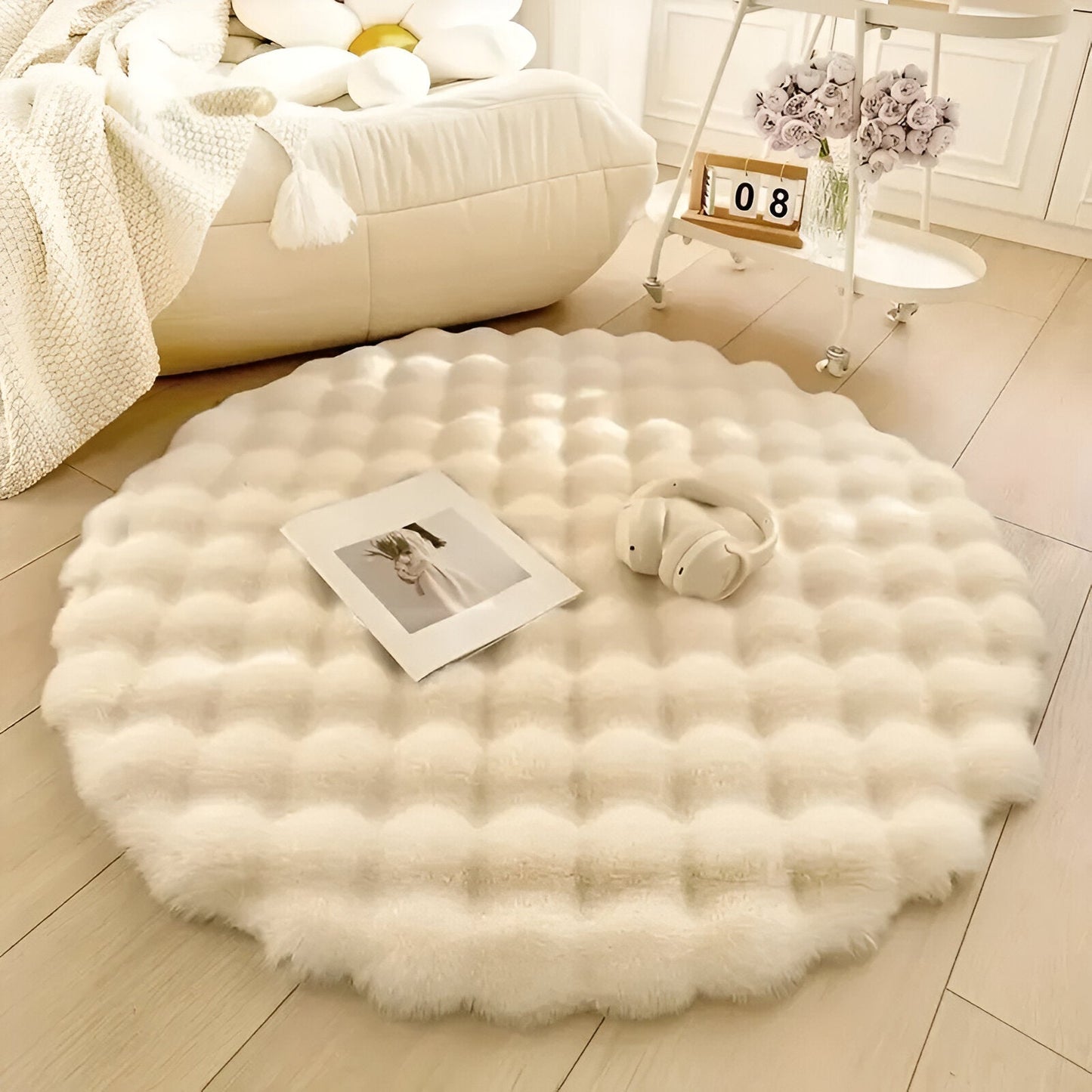 FluffCush Teppich - Flauschiger Premium-Fleece, Rutschfest, Runde Dekorationsmatte