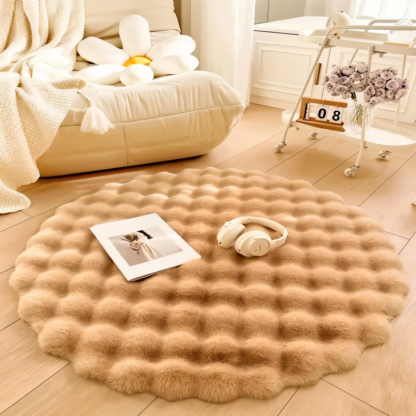 FluffCush Teppich - Flauschiger Premium-Fleece, Rutschfest, Runde Dekorationsmatte