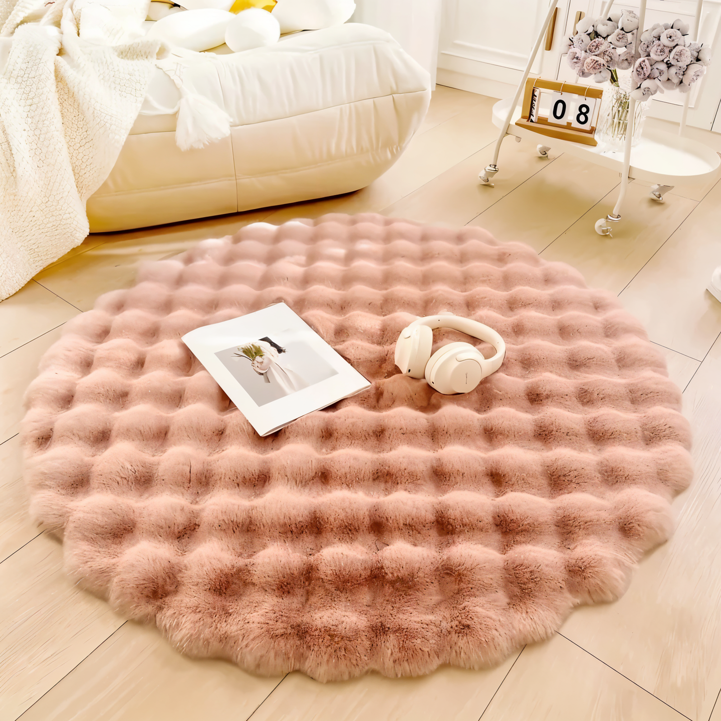 FluffCush Teppich - Flauschiger Premium-Fleece, Rutschfest, Runde Dekorationsmatte