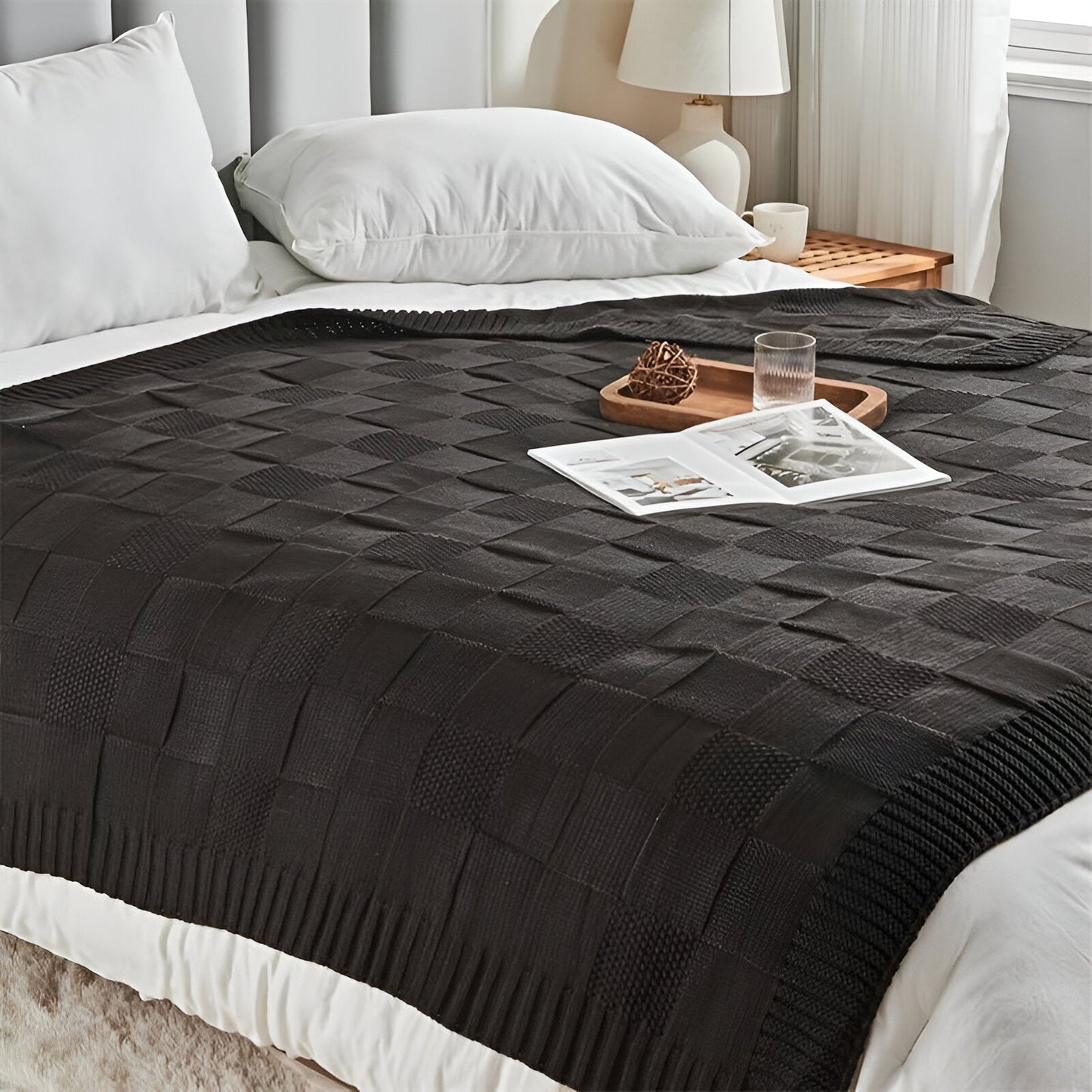 MonoKnit Plaid - Weiß Schwarz Gestrickt Throw für Bett - Solide Acryl Fleece-Decke