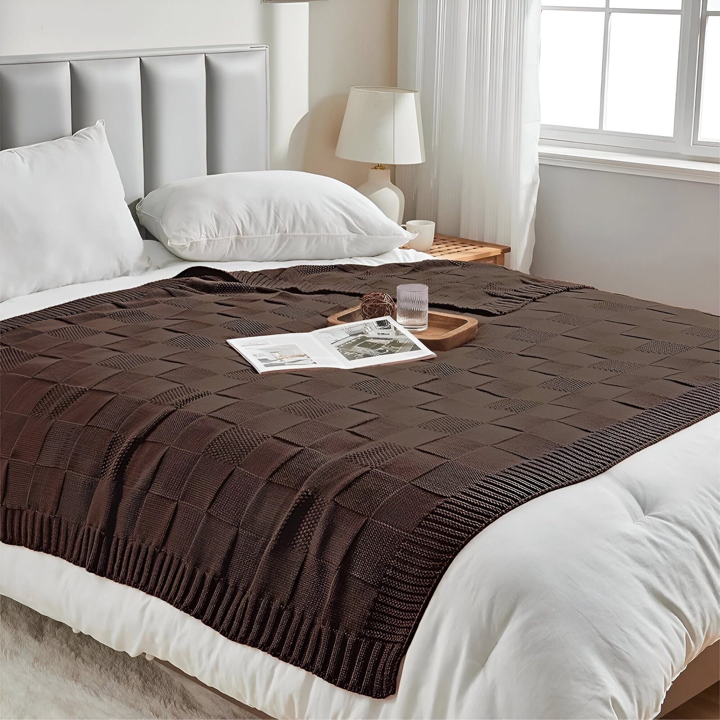MonoKnit Plaid - Weiß Schwarz Gestrickt Throw für Bett - Solide Acryl Fleece-Decke