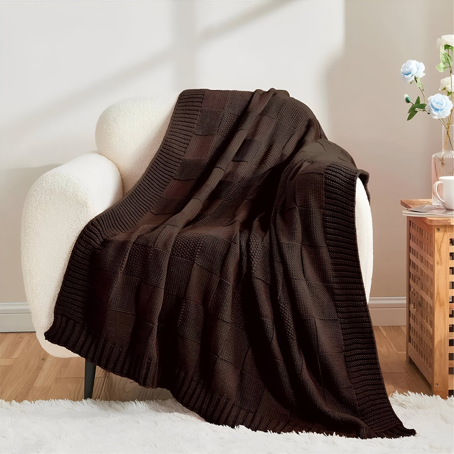 MonoKnit Plaid - Weiß Schwarz Gestrickt Throw für Bett - Solide Acryl Fleece-Decke